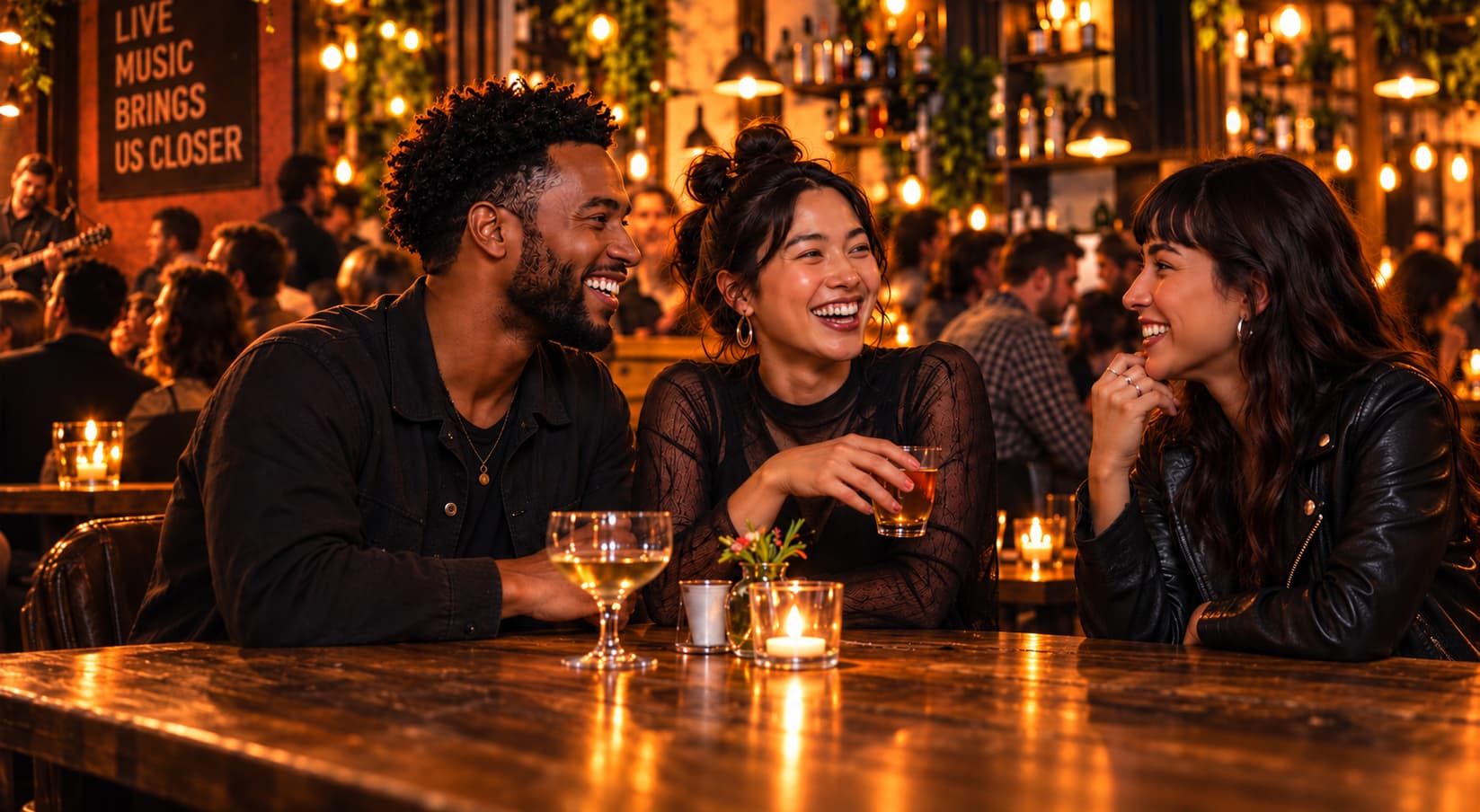 Friends enjoying live music together at a warmly lit venue